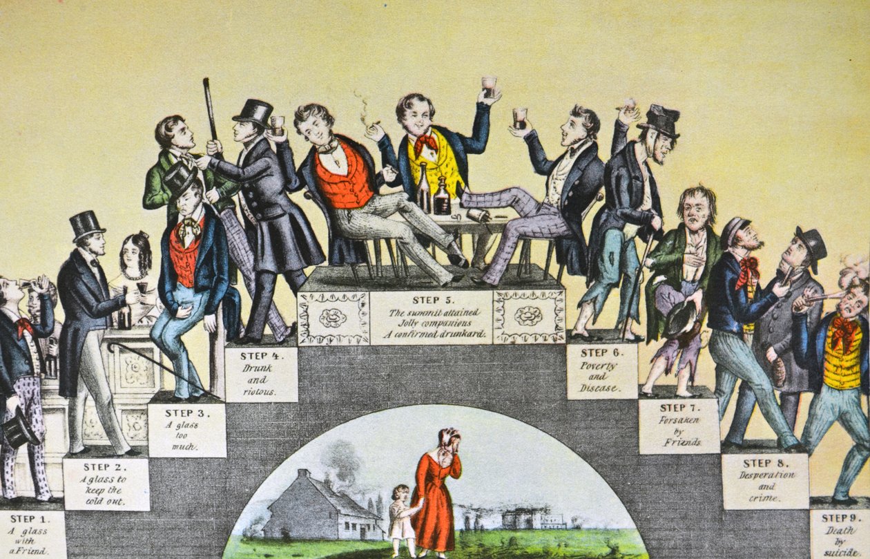 Illustratie van Currier & Ives 19e Eeuw. De Vooruitgang van de Dronkaard, Van het Eerste Glas tot het Graf door N. and Ives, J.M. Currier