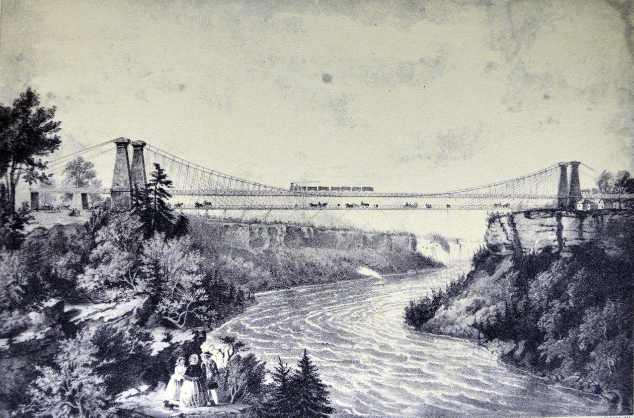 De Spoorweg Hangbrug, Bij Niagara Falls door N. and Ives, J.M. Currier