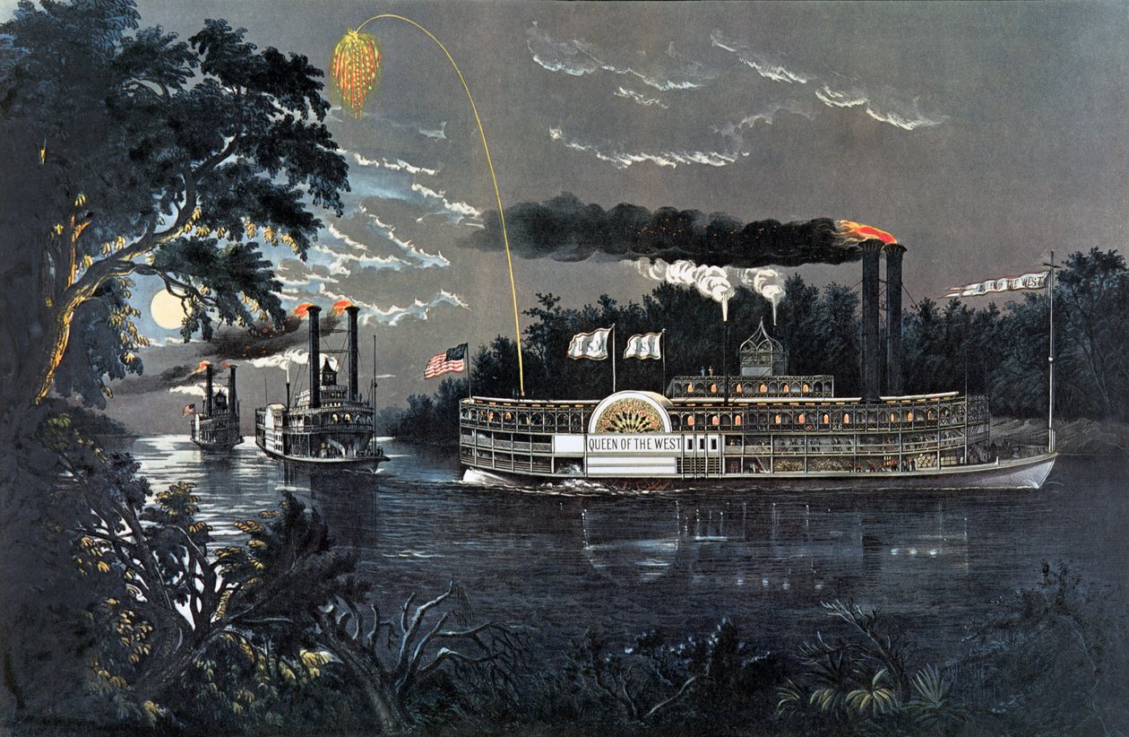 RL 27835 Ronden van een bocht op de Mississippi Steamboat Queen of the West door N. and Ives, J.M. Currier