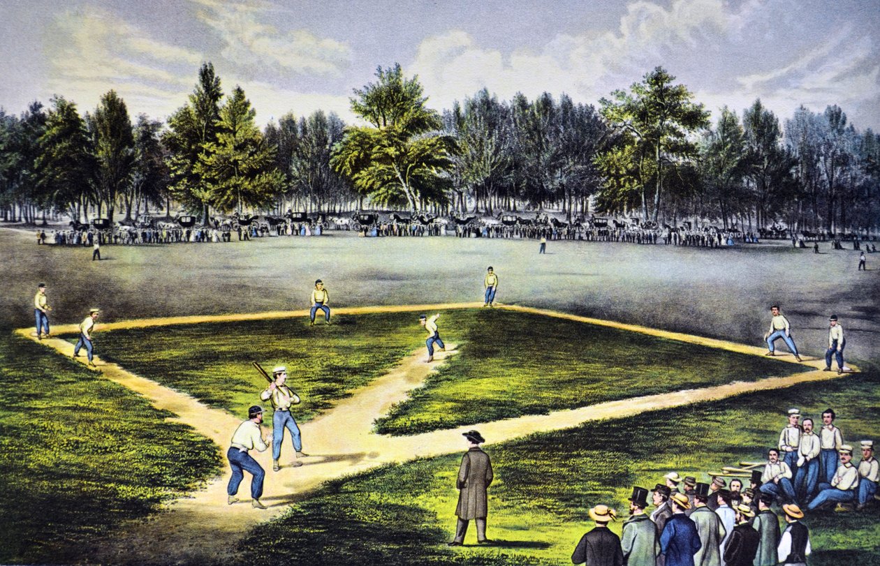Het Amerikaanse nationale spel honkbal door N. and Ives, J.M. Currier
