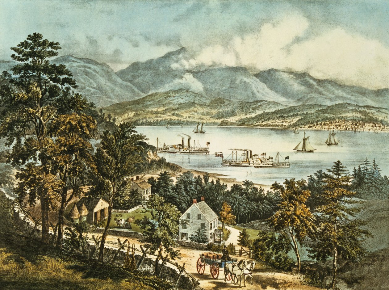 De Catskill Mountains vanaf de Oostelijke oever van de Hudson door N. and Ives, J.M. Currier