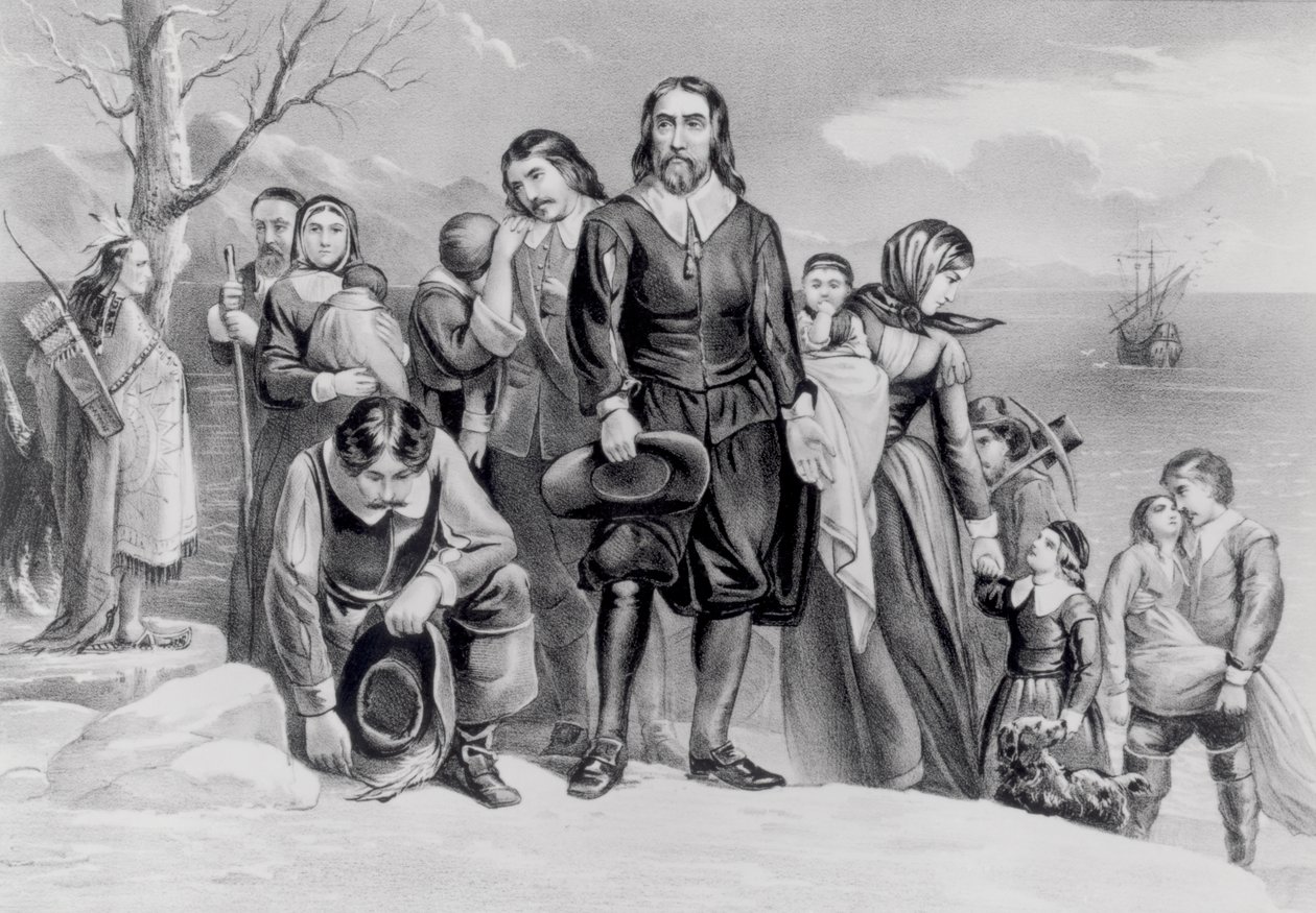 De landing van de pelgrims in Plymouth, Mass. 22 dec. 1620, uitgegeven 1876 door N. and Ives, J.M. Currier