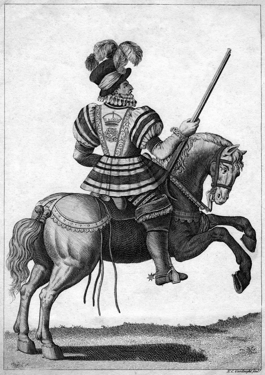 Een Yeoman van de Garde, aanwezig bij koningin Elizabeth I tijdens een progressie door N. C. Goodnight