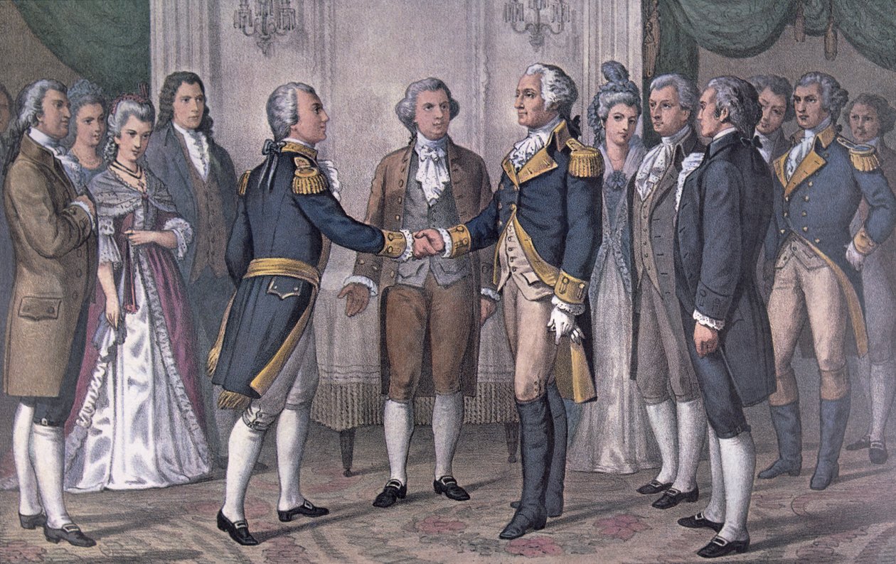 De eerste ontmoeting van Generaal George Washington en de Markies de La Fayette, Philadelphia, 3 augustus 1777, gepubliceerd in 1876 door N. and Ives J.M. (after) Currier