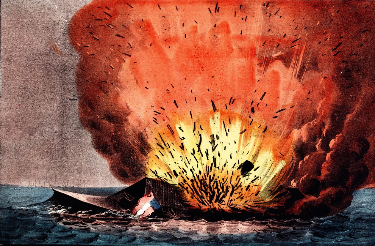 Amerikaanse Burgeroorlog (1861-1865): slag bij Hampton Roads 8-9 maart door N. and Ives J.M. (1824-95) Currier