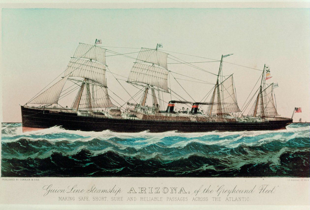 Guion Line stoomschip Arizona van de Greyhound vloot, maakt veilige, korte, zekere en betrouwbare overtochten over de Atlantische Oceaan ... (gekleurde druk) door N. and Ives J.M. (1824 95) Currier