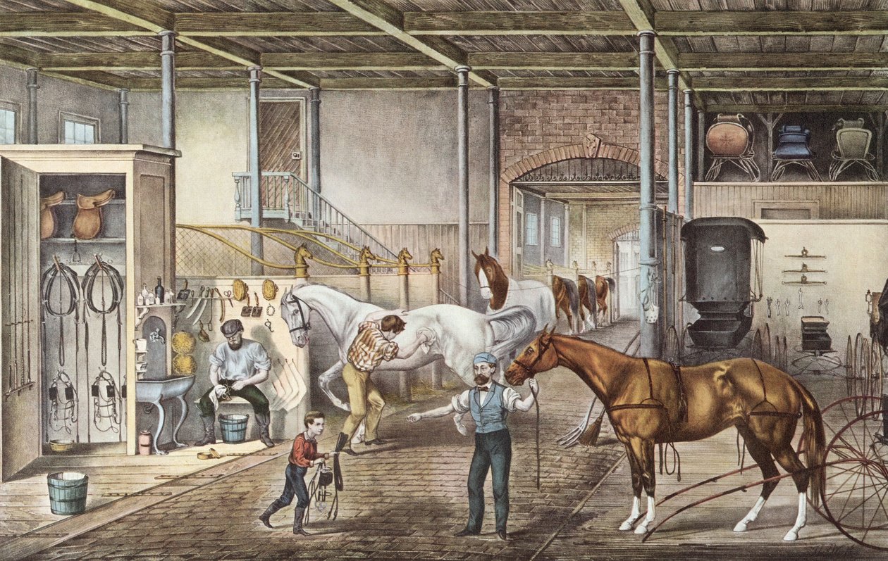 Modelstal waar jongens en stalknechten echt voor paarden zorgen, gravure uit boek "America" door Currier en Yves 1870 door N. and Ives J.M. (1824 95) Currier