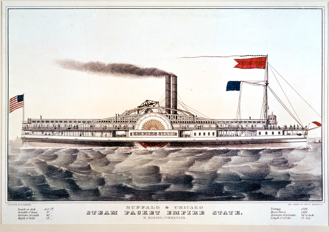 Stoomboot Empire State, die Buffalo en Chicago verbindt ... (gekleurde druk) door N. and Ives J.M. (1824-95) Currier