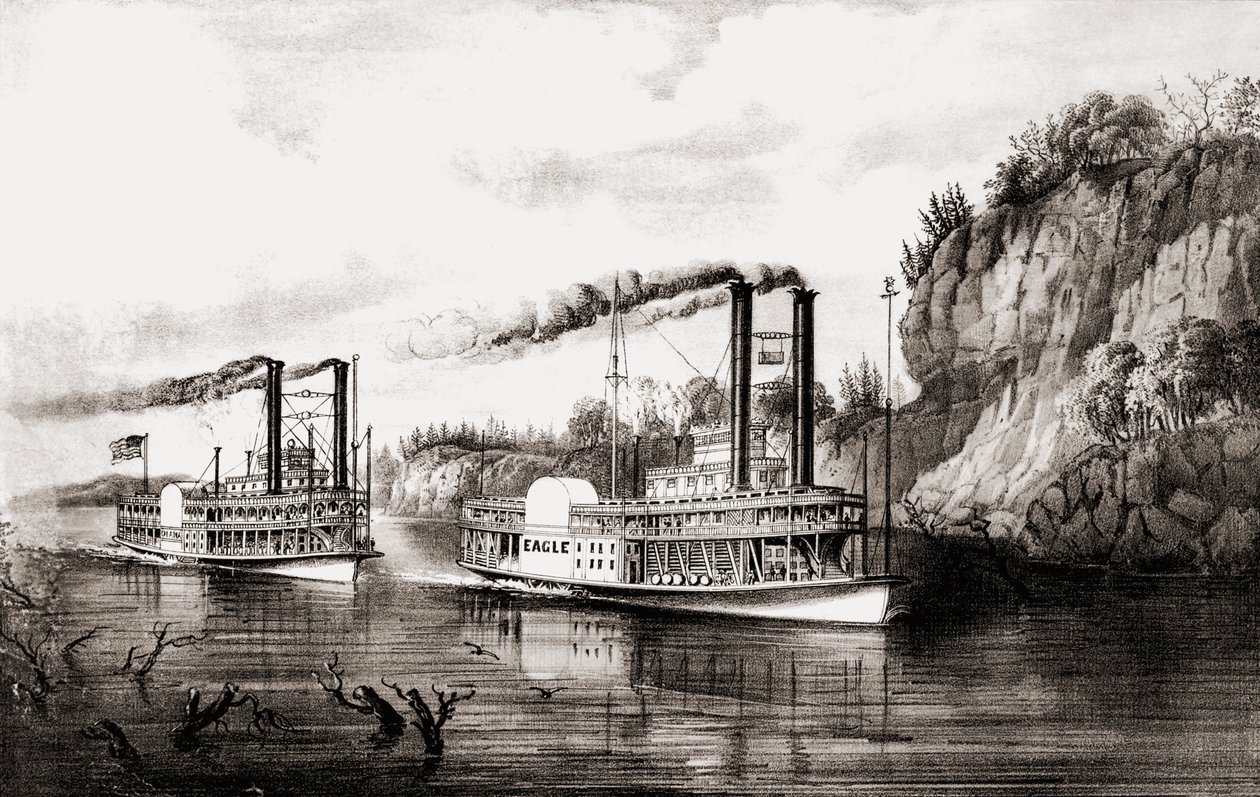 Stoomschepen racen op de Mississippi-rivier, VS door N. and Ives J.M. Currier