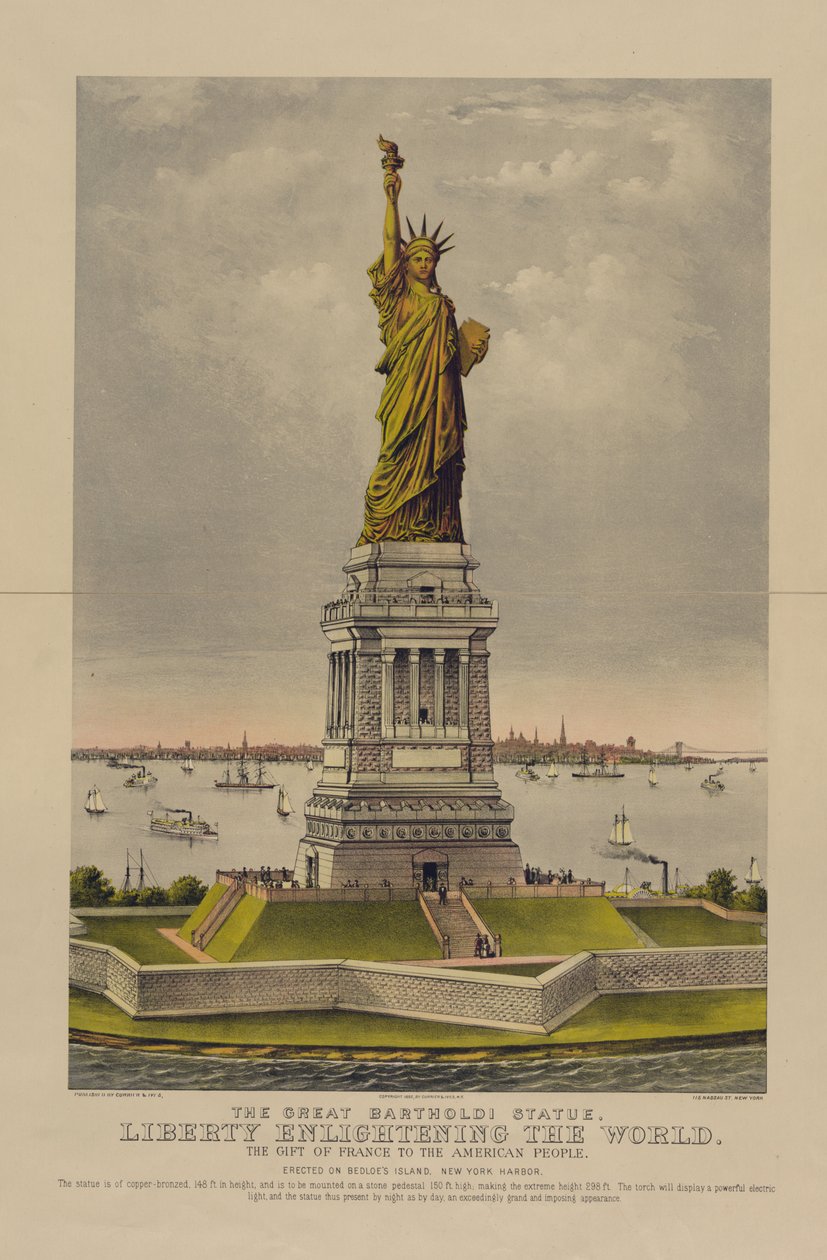 Het Grote Bartholdi Standbeeld, Vrijheid Verlicht de Wereld, Het Geschenk van Frankrijk aan het Amerikaanse Volk, c.1885 (chromolithografie) door Currier and Ives