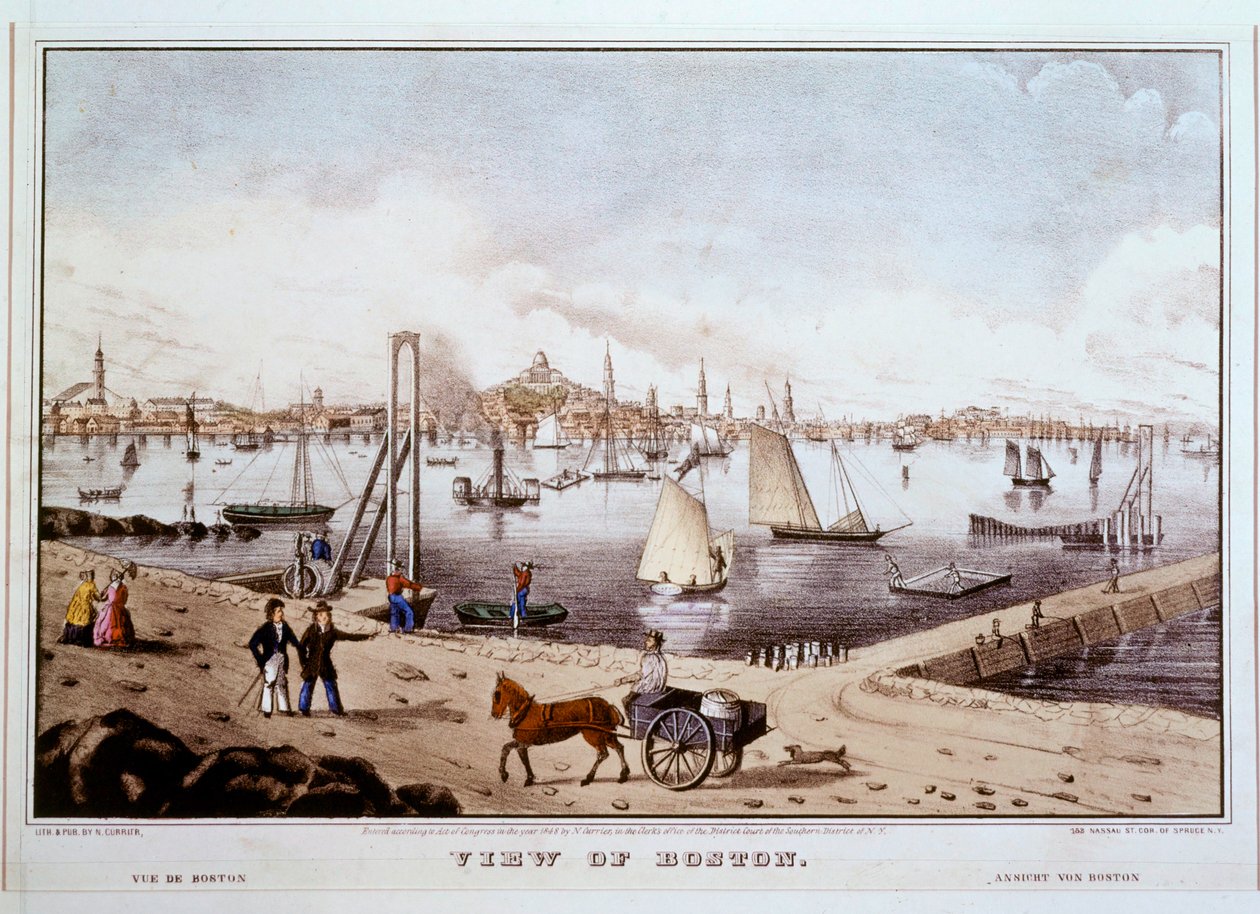 Gezicht op Boston met de haven van Boston ... (gekleurde prent) door N. and Ives J.M. (1824-95) Currier