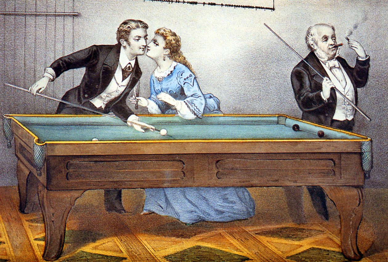 Kus tijdens biljartspel door N. and Ives J.M. (1824 95) Currier