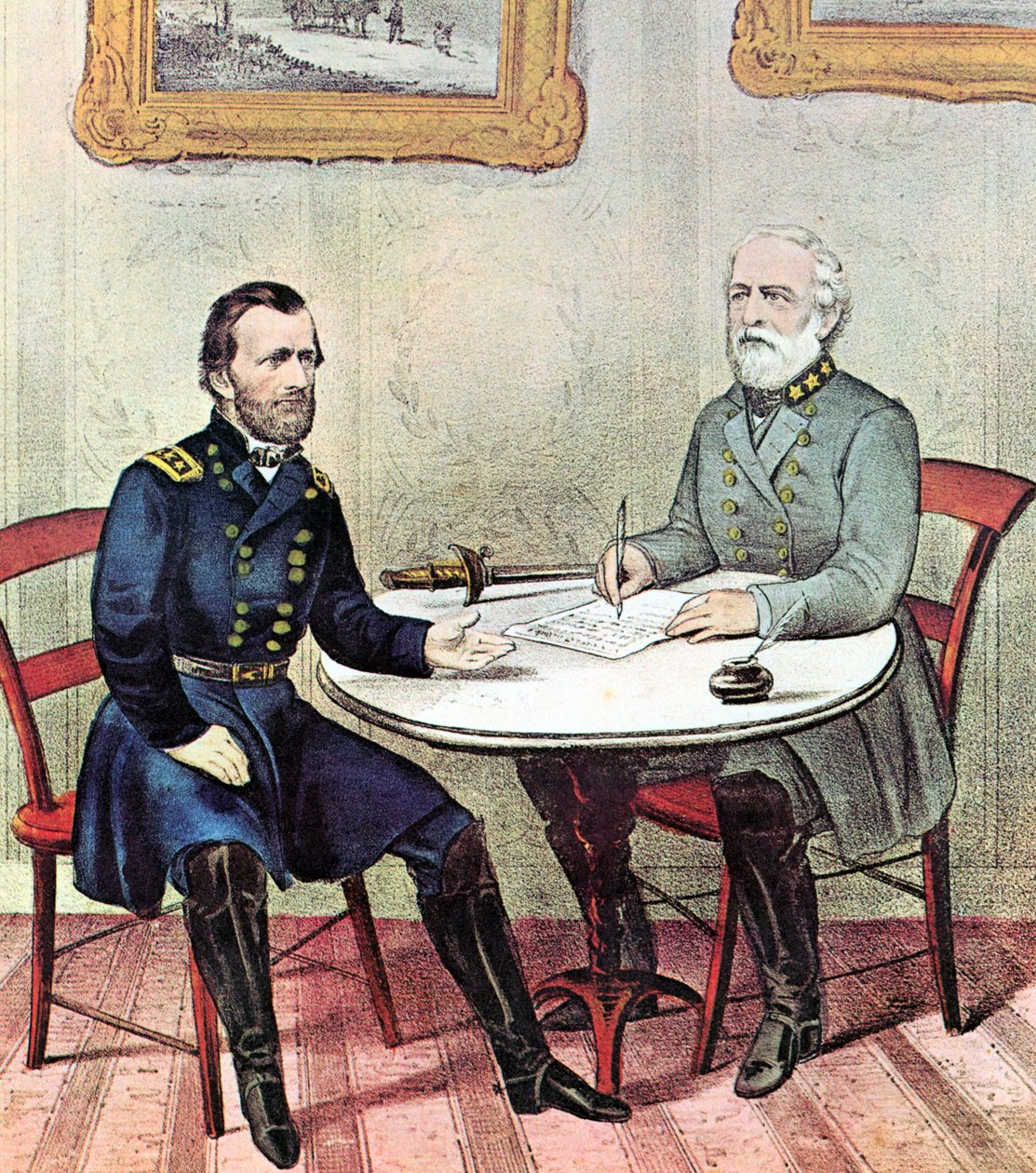 Amerikaanse Burgeroorlog: Generaals Grant (links) en Lee ontmoeten elkaar op Palmzondag 1865 om de voorwaarden voor de overgave van Lee