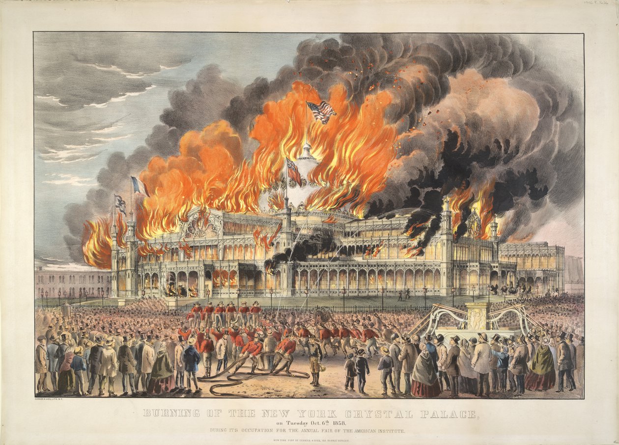 Brand van het New York Crystal Palace op dinsdag 5 oktober 1858 door Currier and Ives