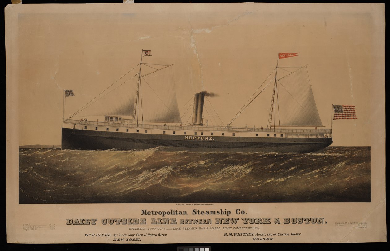 Metropolitan Steamship Co. dagelijkse buitenlijn tussen New York & Boston... Neptunus door N. and Ives J.M. (1824 95) Currier
