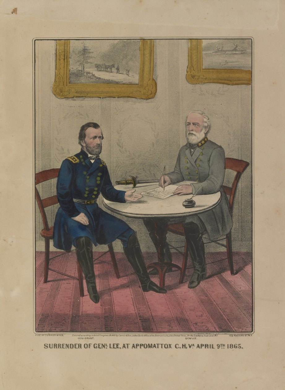 Overgave van Genl. Lee, bij Appomattox C.H. Va. 9 april 1865 (kleur lithografie) door Currier and Ives