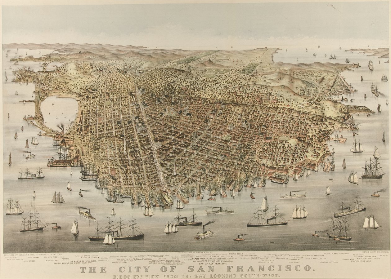 De stad San Francisco - Vogelperspectief vanaf de baai, kijkend naar het zuidwesten door Currier and Ives