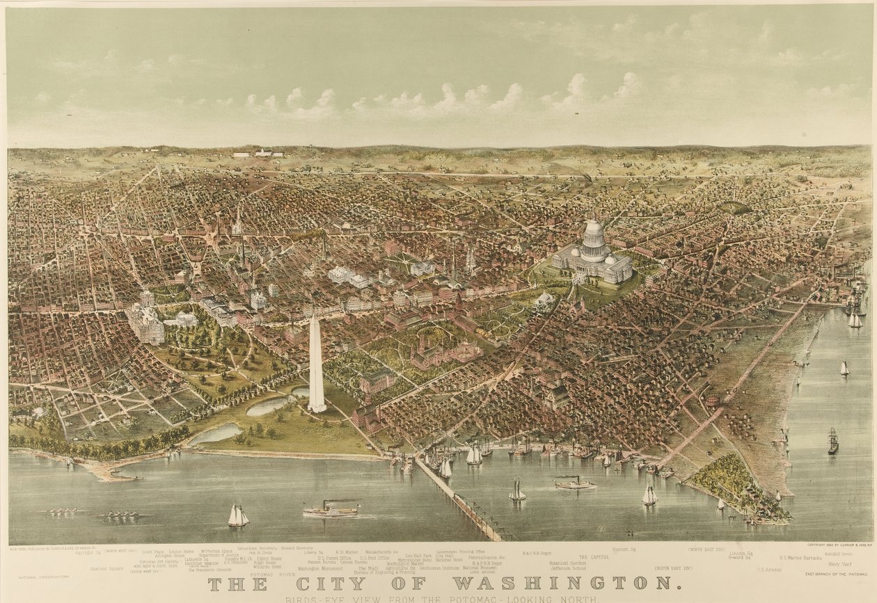 De Stad Washington: Vogelvlucht vanaf de Potomac naar het Noorden door Currier and Ives