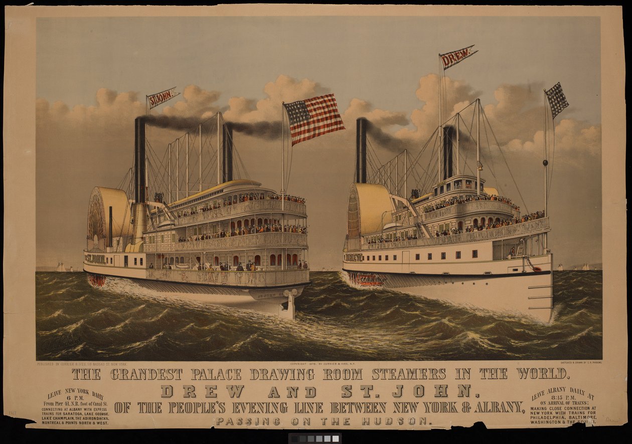 De Grootste Paleis Teken Kamer Stoomschepen ter Wereld, Drew en St John van de Peoples Evening Line tussen New York & Albany door N. and Ives J.M. (1824 95) Currier