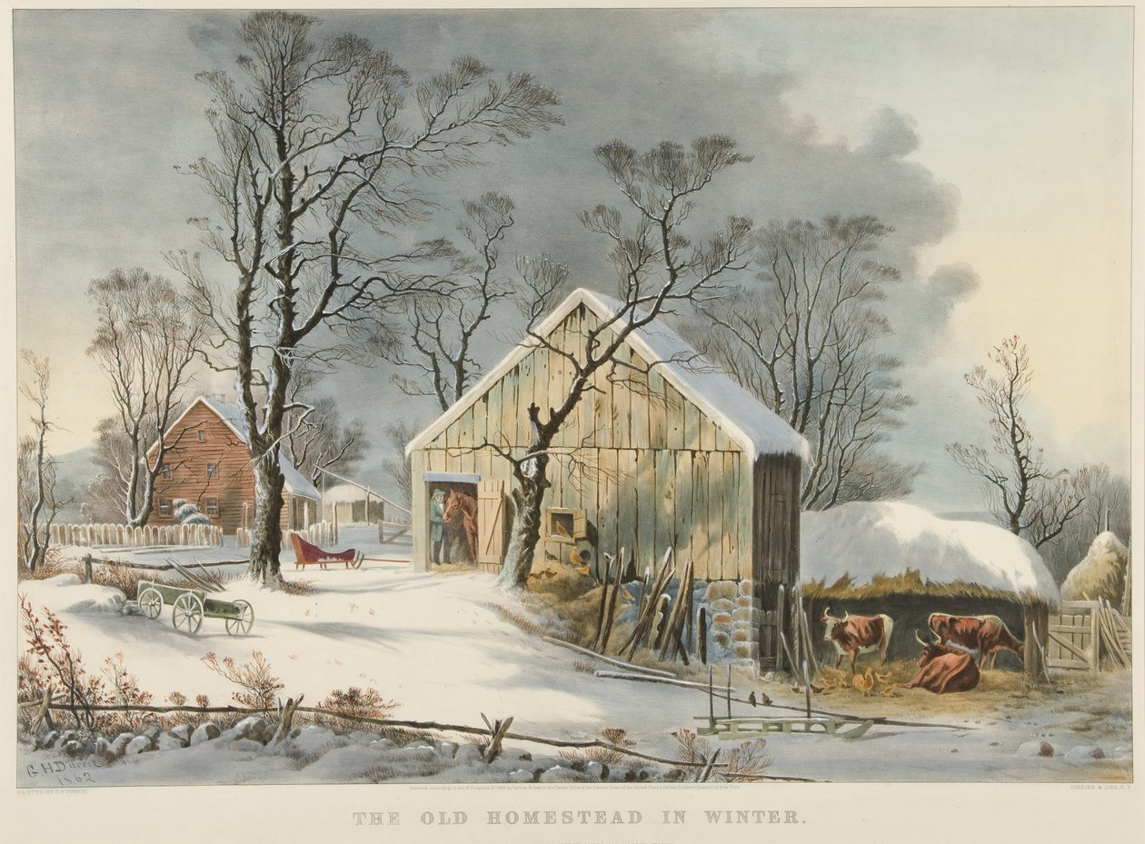Het Oude Landhuis in de Winter door Currier and Ives