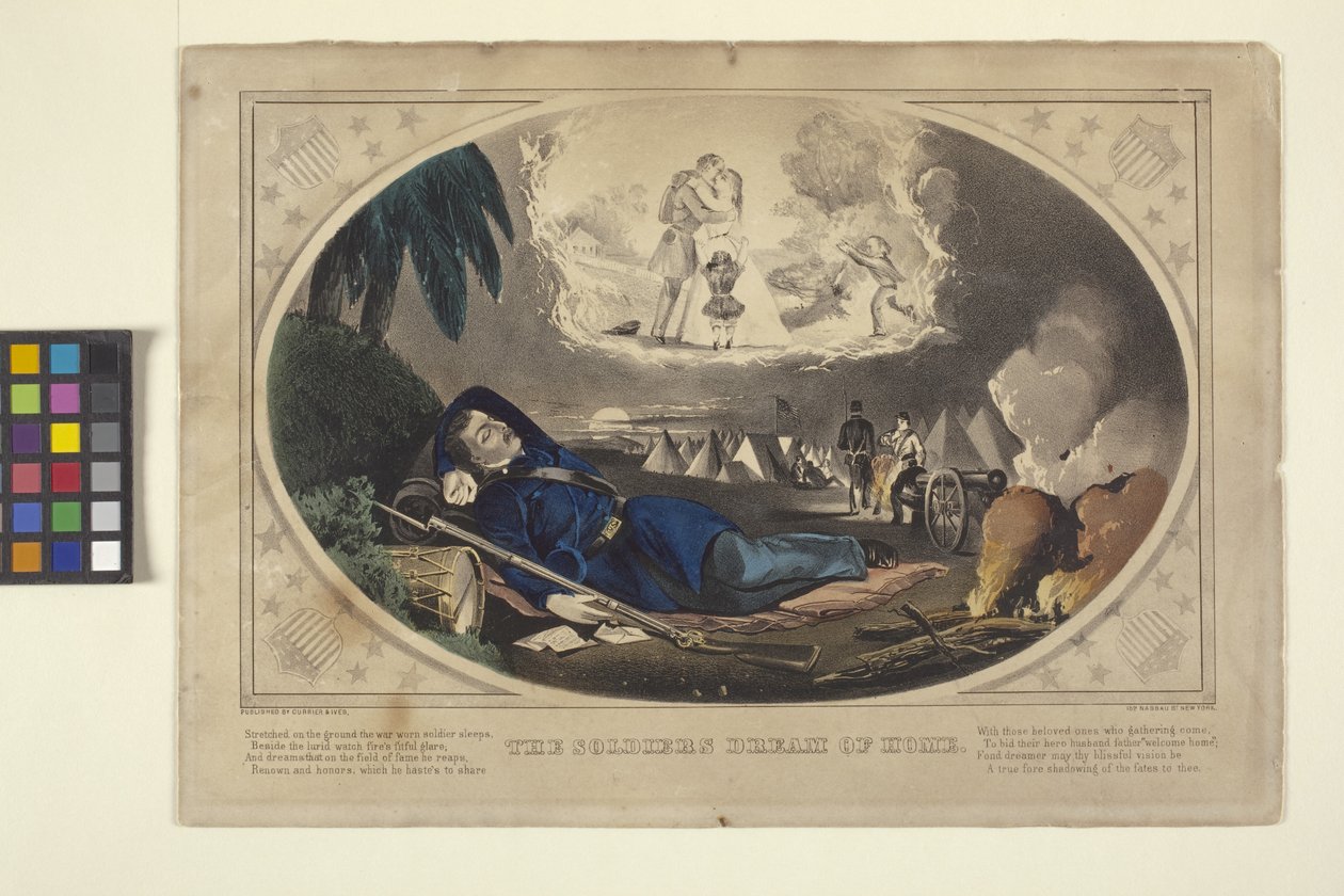 De droom van de soldaat over thuis door N. and Ives J.M. (1824 95) Currier