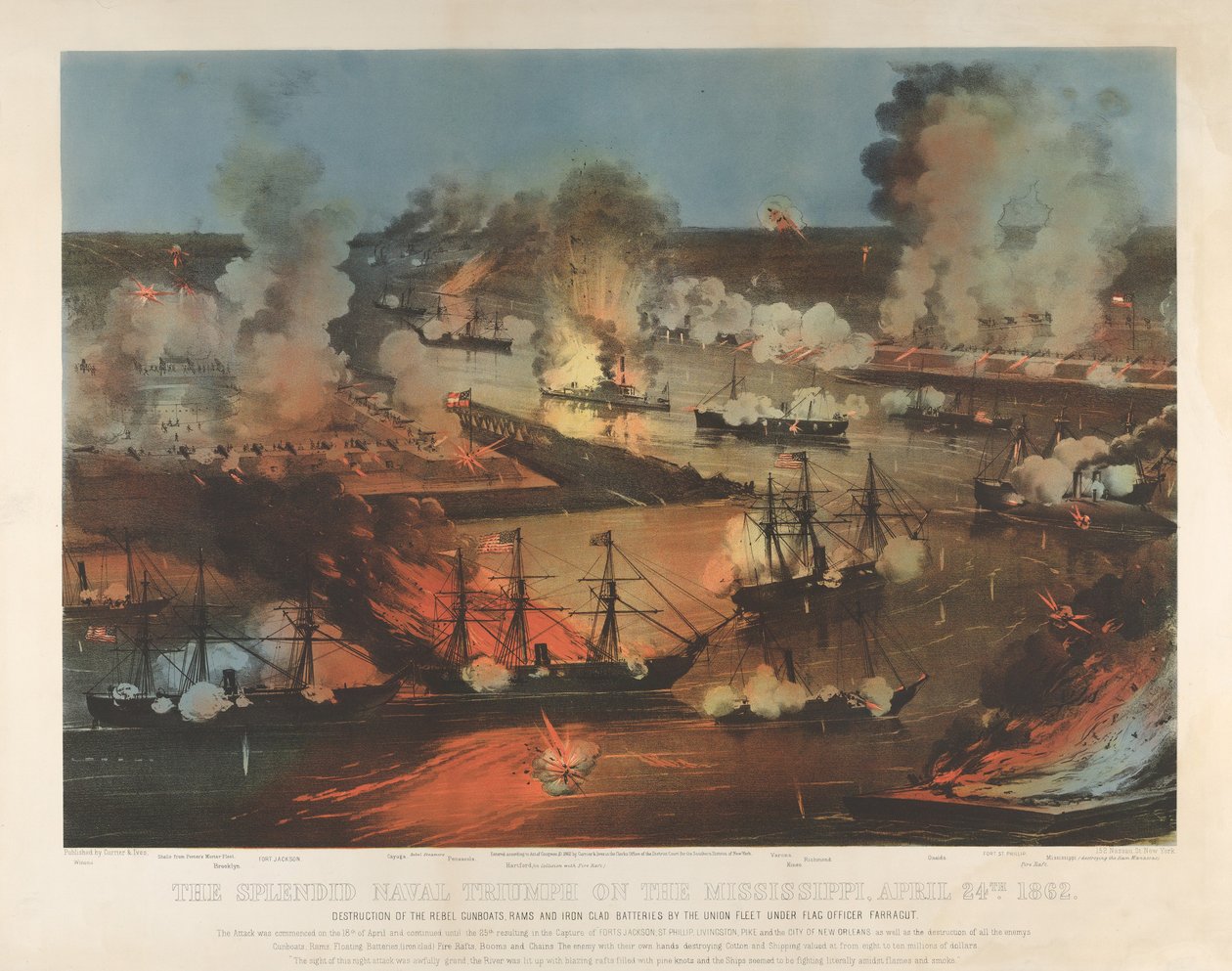 De schitterende zegetocht op de Mississippi, 24 april door Currier and Ives