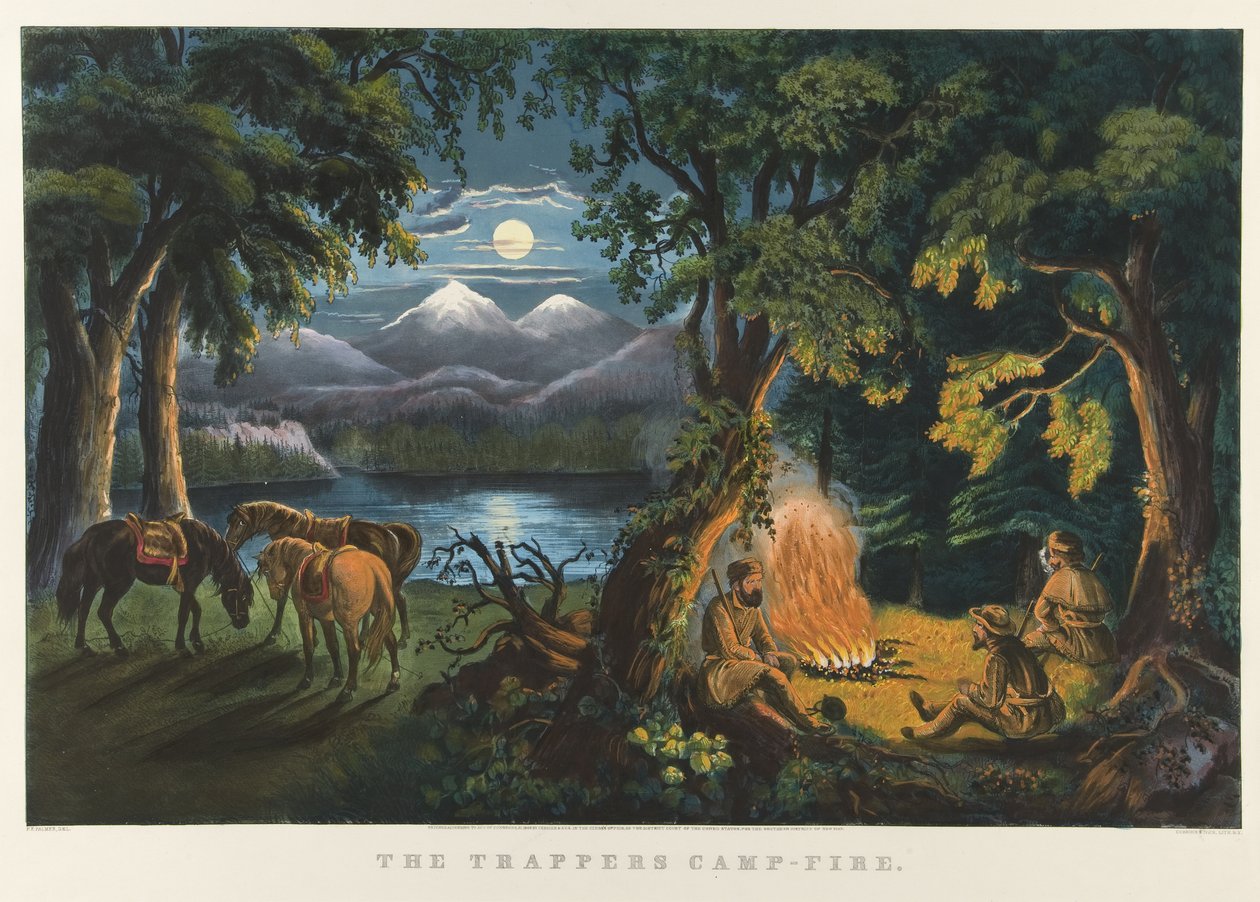 Het kampvuur van de trappers door Currier and Ives