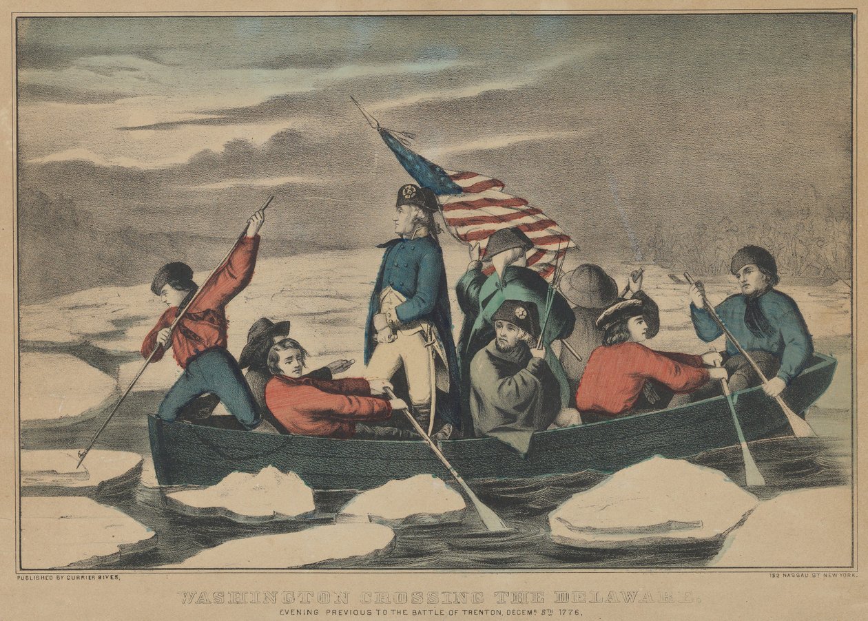 Washington steekt de Delaware over op de avond voor de Slag bij Trenton, 5 december 1776 door Currier and Ives