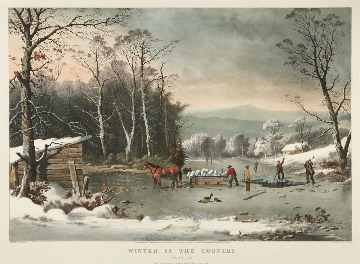 Winter op het platteland, ijs halen door Currier and Ives
