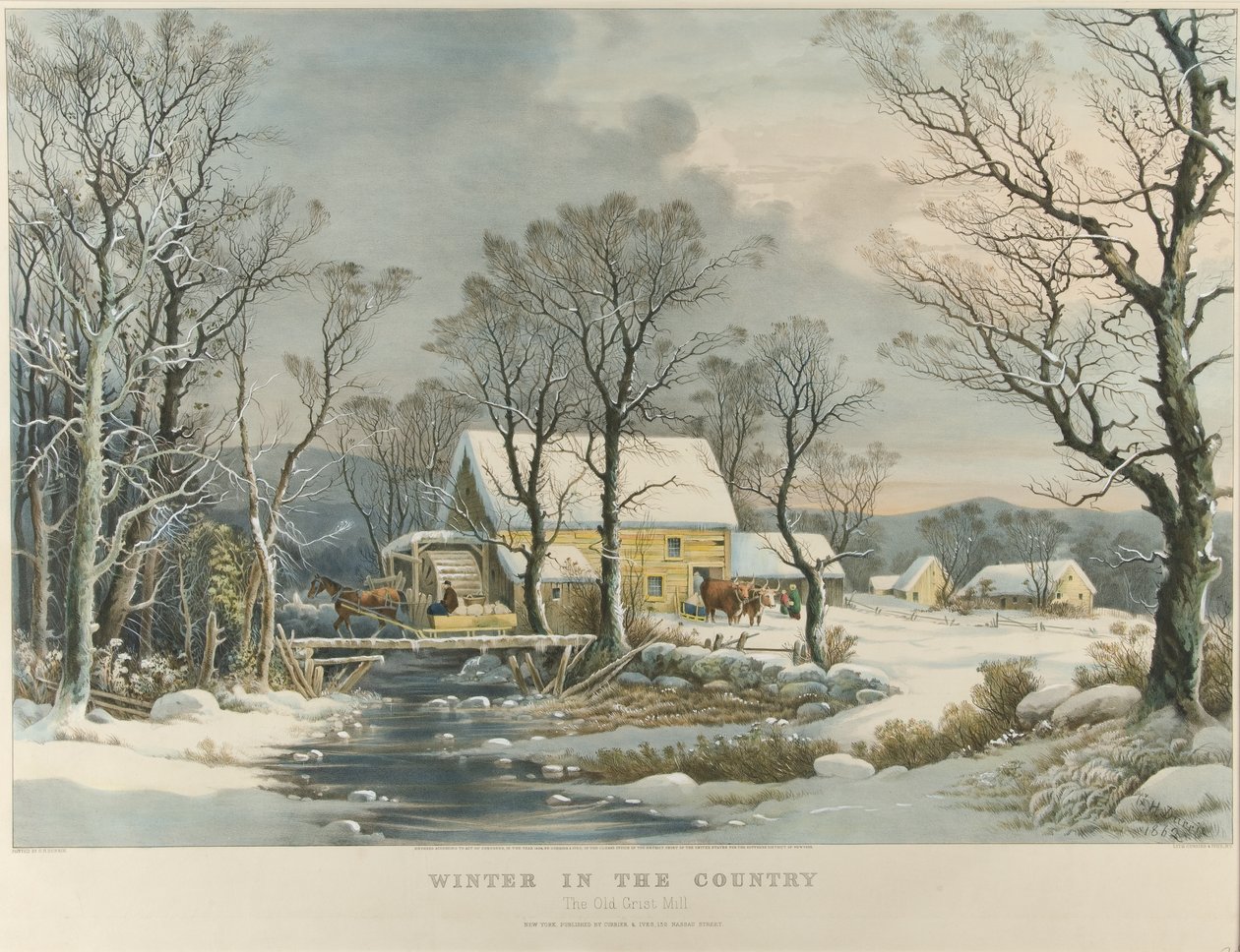 Winter op het platteland, De oude Griest molen door Currier and Ives