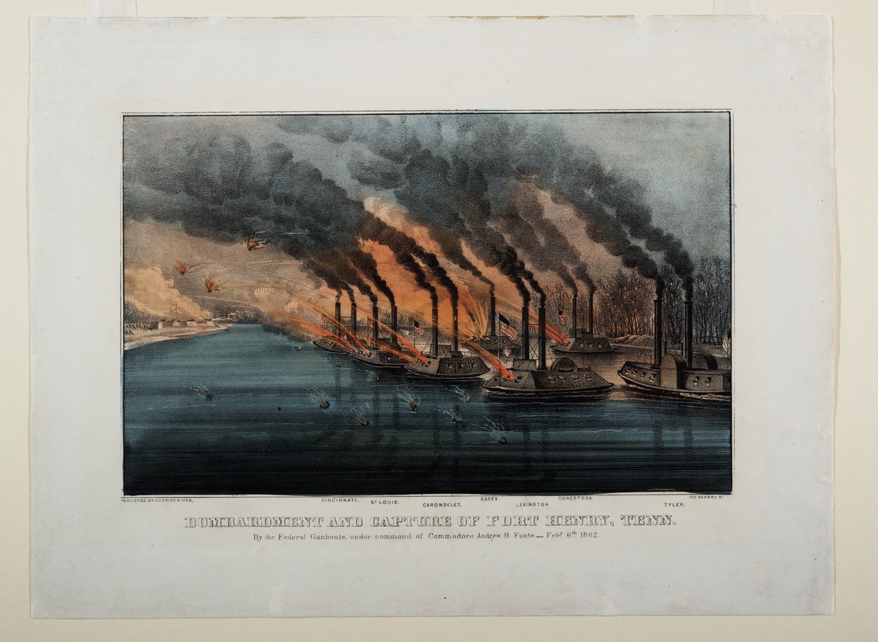 Bombardement en verovering van Fort Henry, Tenn, c.1862 door N. and Ives, J.M. Currier