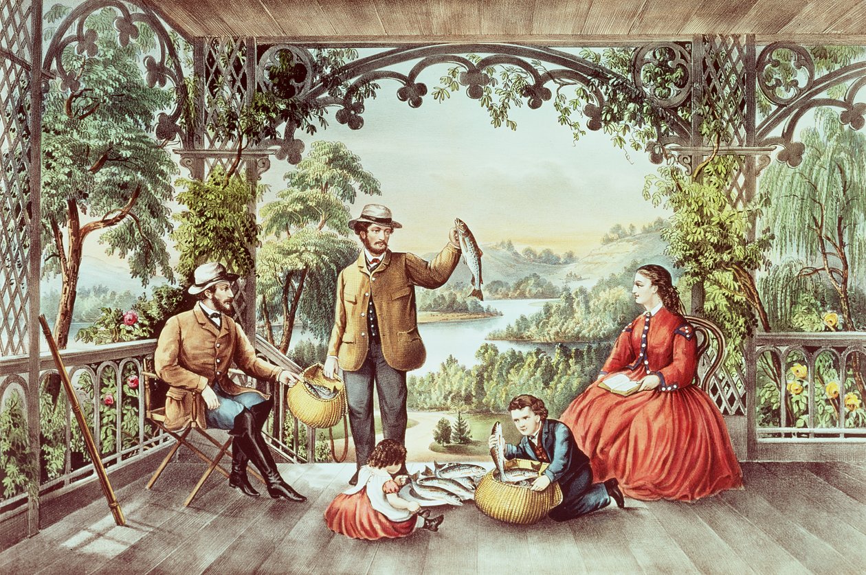 Thuis van de beek, De gelukkige vissers door N. and Ives, J.M. Currier