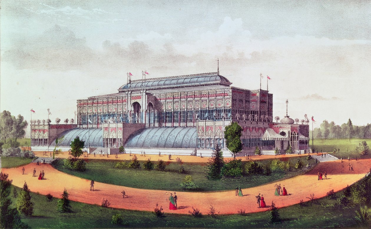 Horticultural Hall, Grand United States Centennial Exhibition 1876 door N. and Ives, J.M. Currier