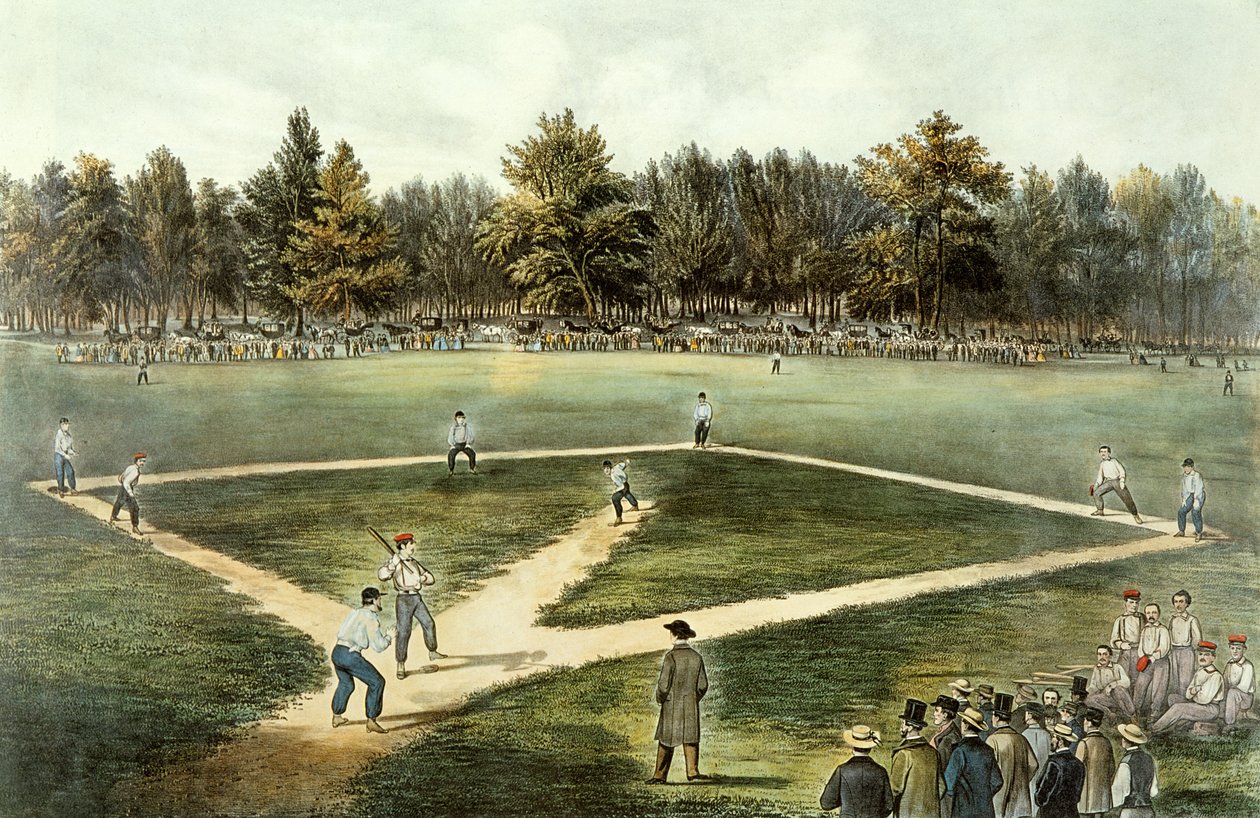 Het Amerikaanse Nationale Honkbalspel - Grote Wedstrijd in Elysian Fields, Hoboken, NJ, 1866 door N. and Ives, J.M. Currier