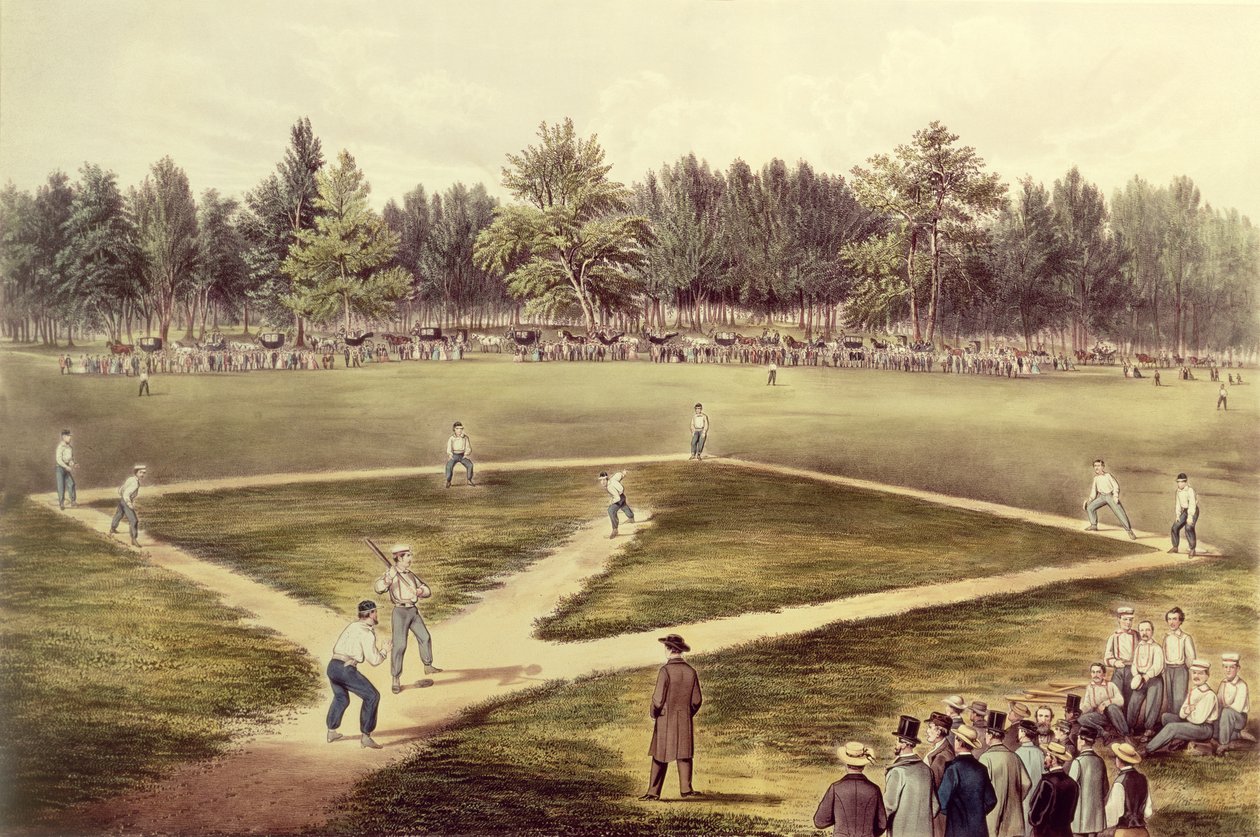 Het Amerikaanse Nationale Spel van Honkbal - Grote Wedstrijd op Elysian Fields, Hoboken, NJ, 1866 door N. and Ives, J.M. Currier
