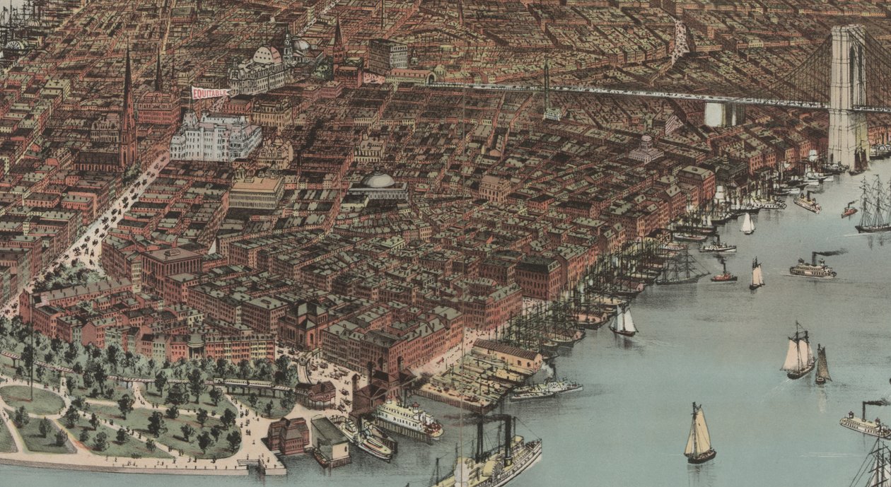 De Stad New York (detail), 1883 door N. and Ives, J.M. Currier