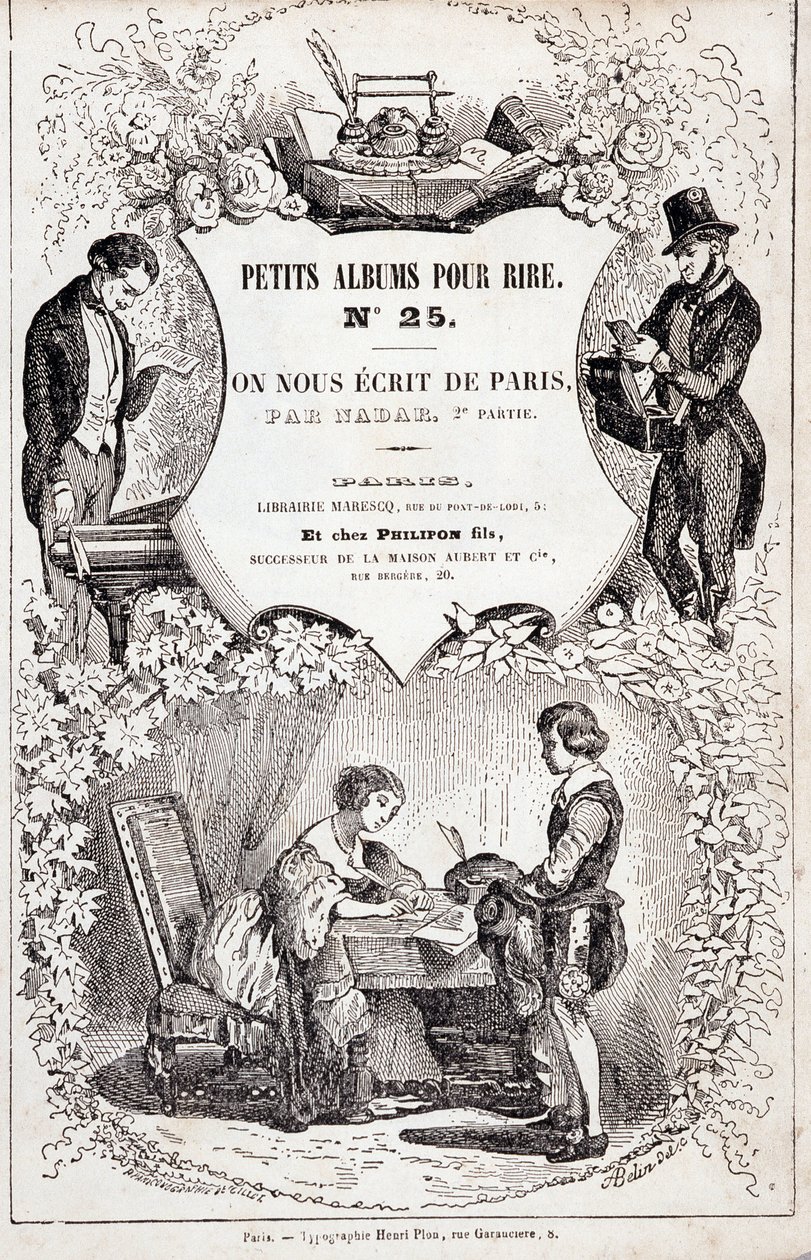 Frontispice van "Kleine albums voor lachen nummer 25. Ze schreven ons uit Parijs. Tweede deel", 1850 (gravure) door Nadar