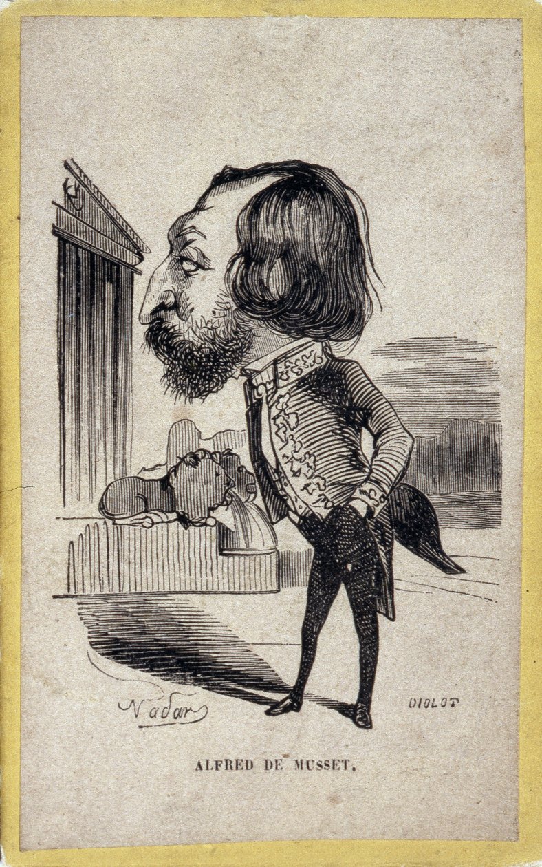 Portret-karikatuur van Alfred de Musset, Franse dichter en toneelschrijver. Cartoon door Felix Nadar. door Nadar