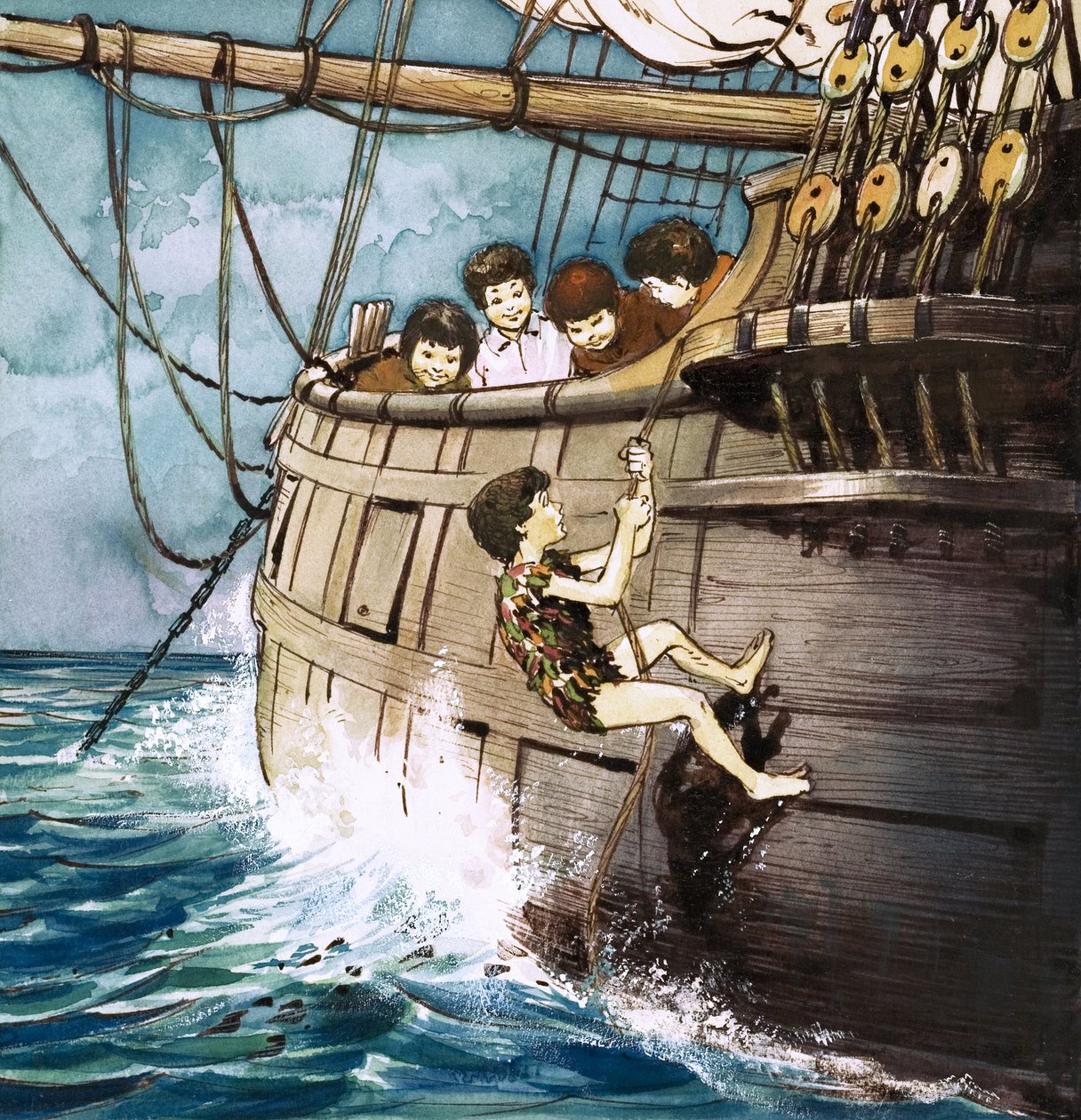 Peter Pan klimt aan boord, illustratie uit 