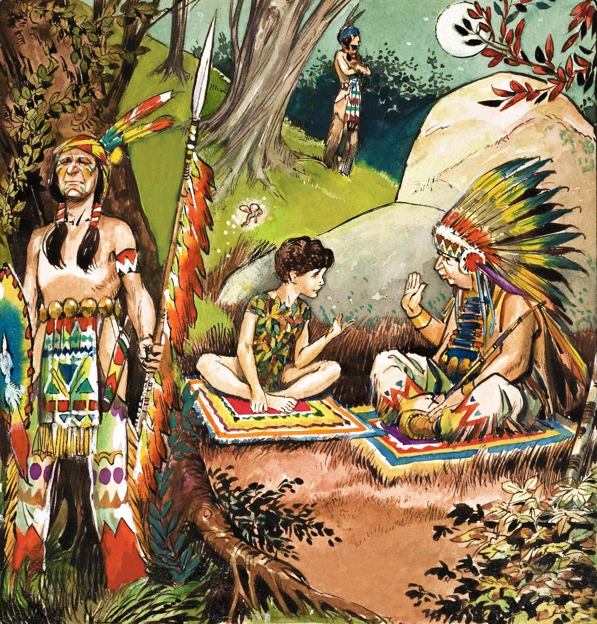 Peter Pan praat met de hoofdman, illustratie uit 