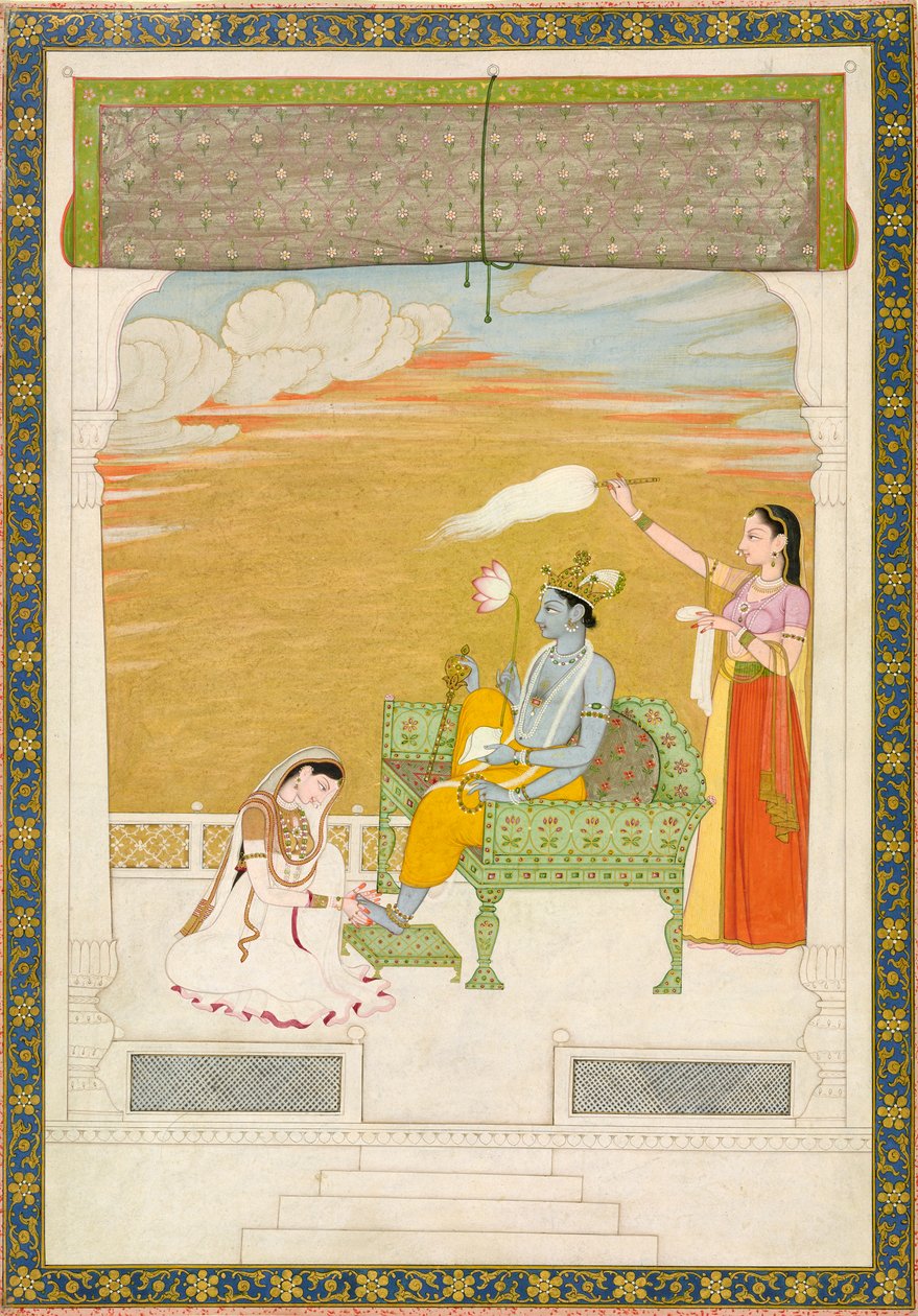Lakshmi masseert de voet van Vishnu, ca. 1765-1770 door Nainsukh Manju