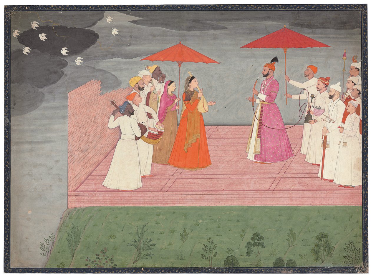 Muzikanten spelen een raga voor Balwant Dev Singh tijdens het regenseizoen, c.1745-50 door Nainsukh