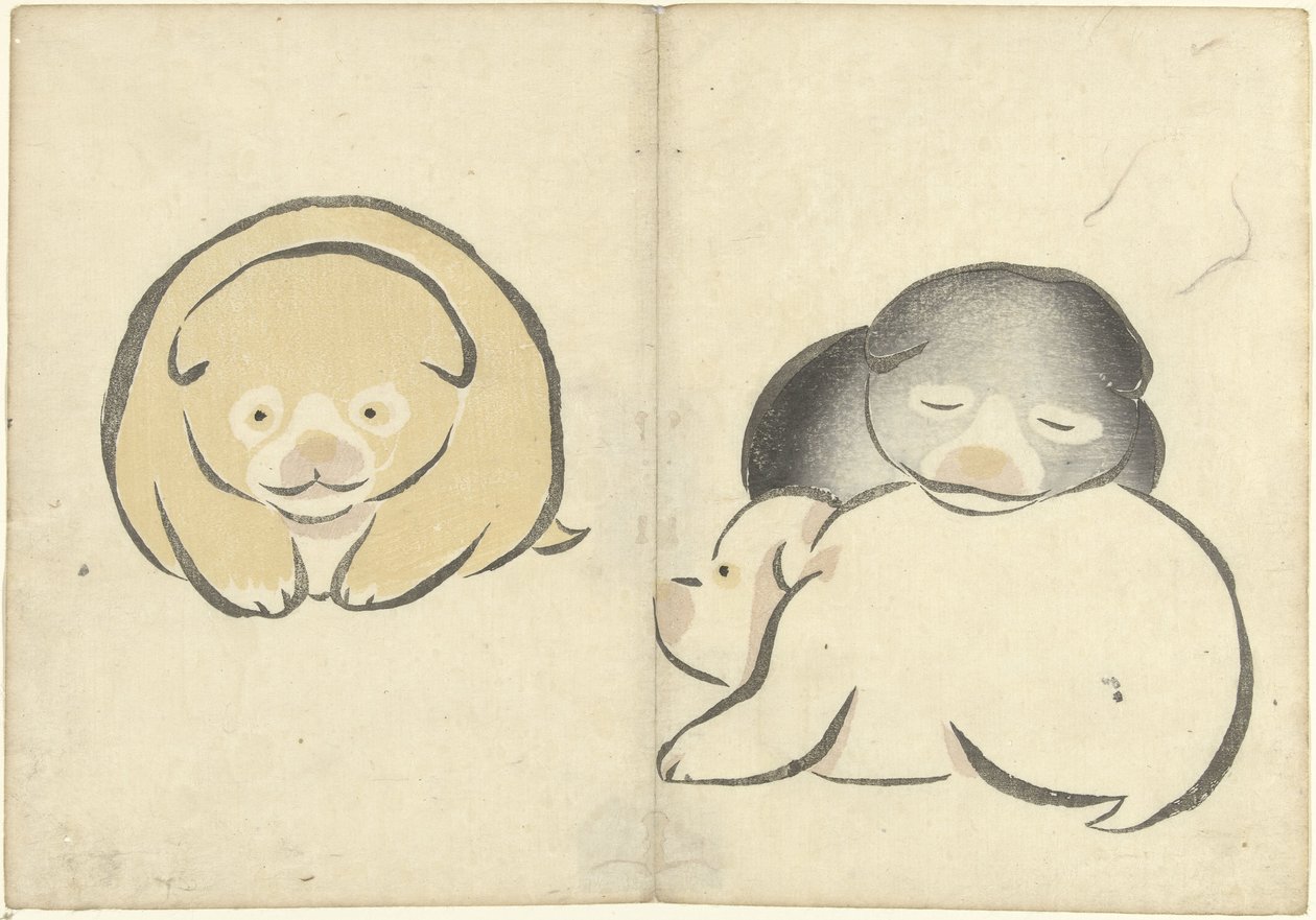Drie jonge hondjes (Prentenalbum van Korin) door Nakamura Hochu