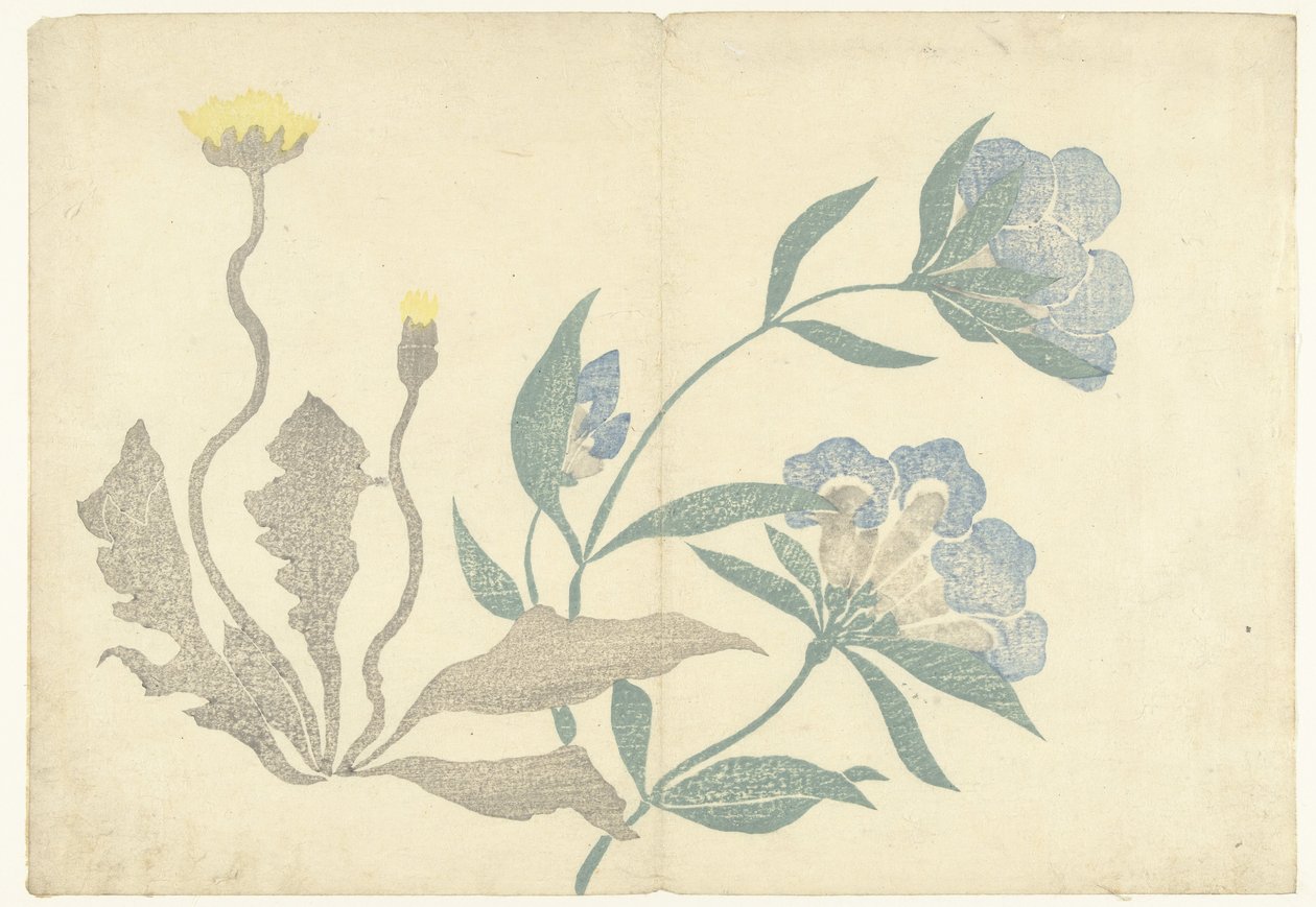 Paardenbloemen en blauwe bloemen door Nakamura Hochu