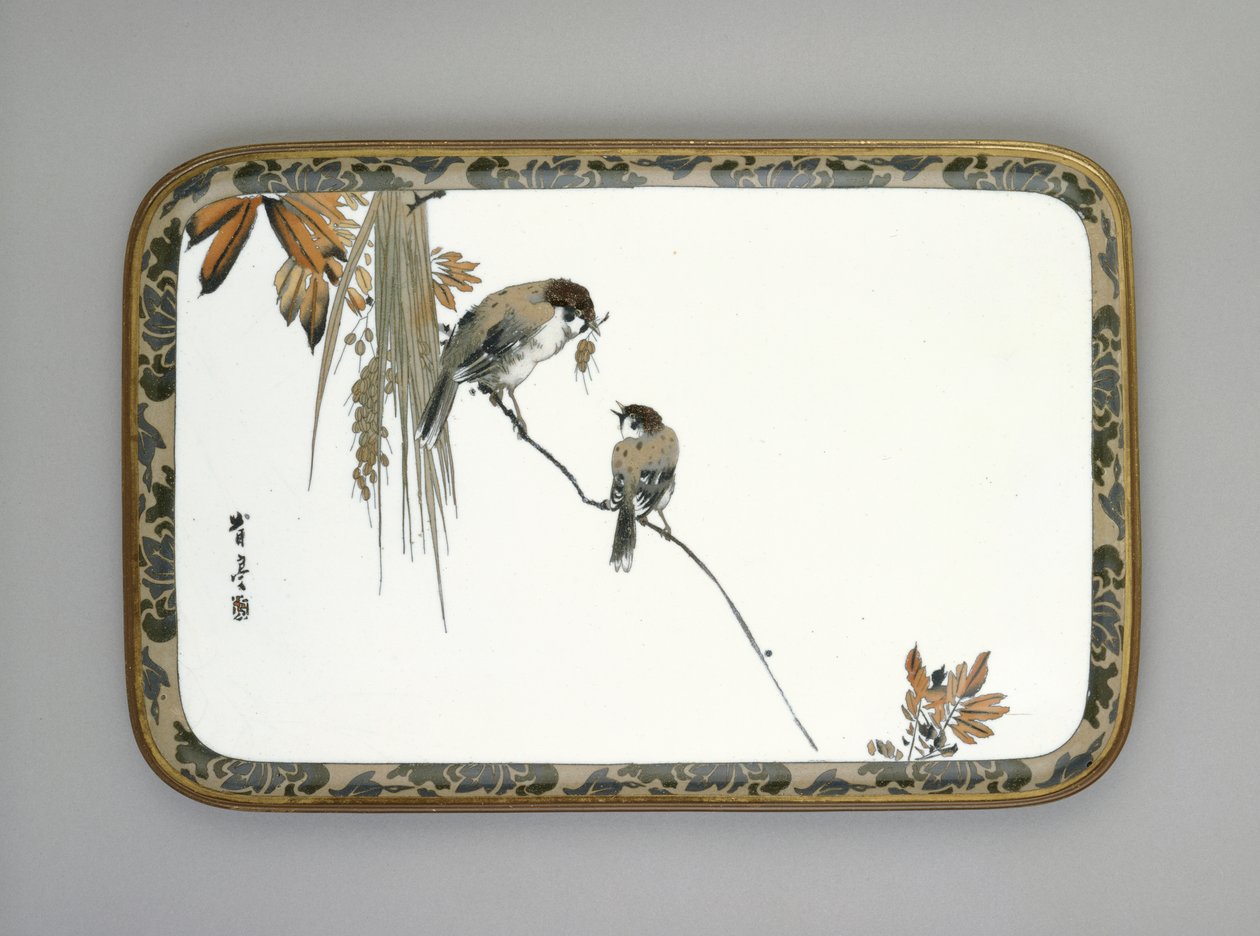 Dienblad met twee mussen op een tak, c.1880 door Namikawa Sosuke