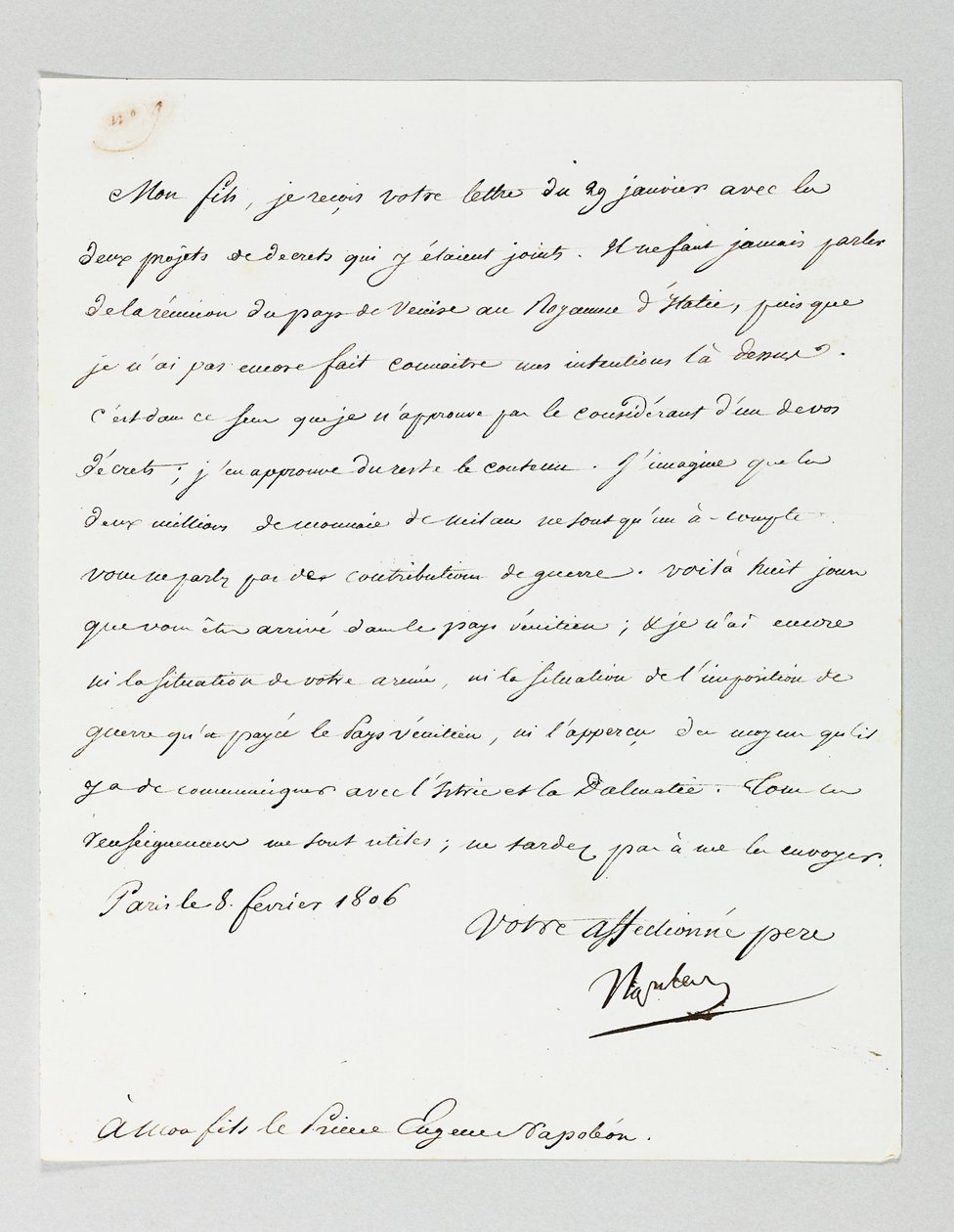 Ondertekende brief van Napoleon aan zijn stiefzoon, Prins Eugène de Beauharnais Napoleon door Napoleon Bonaparte