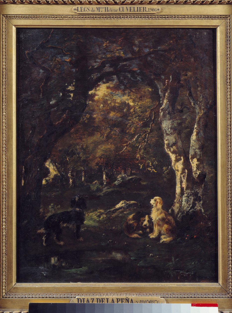 Honden in het bos door Narcisse Virgile Diaz de la Peña