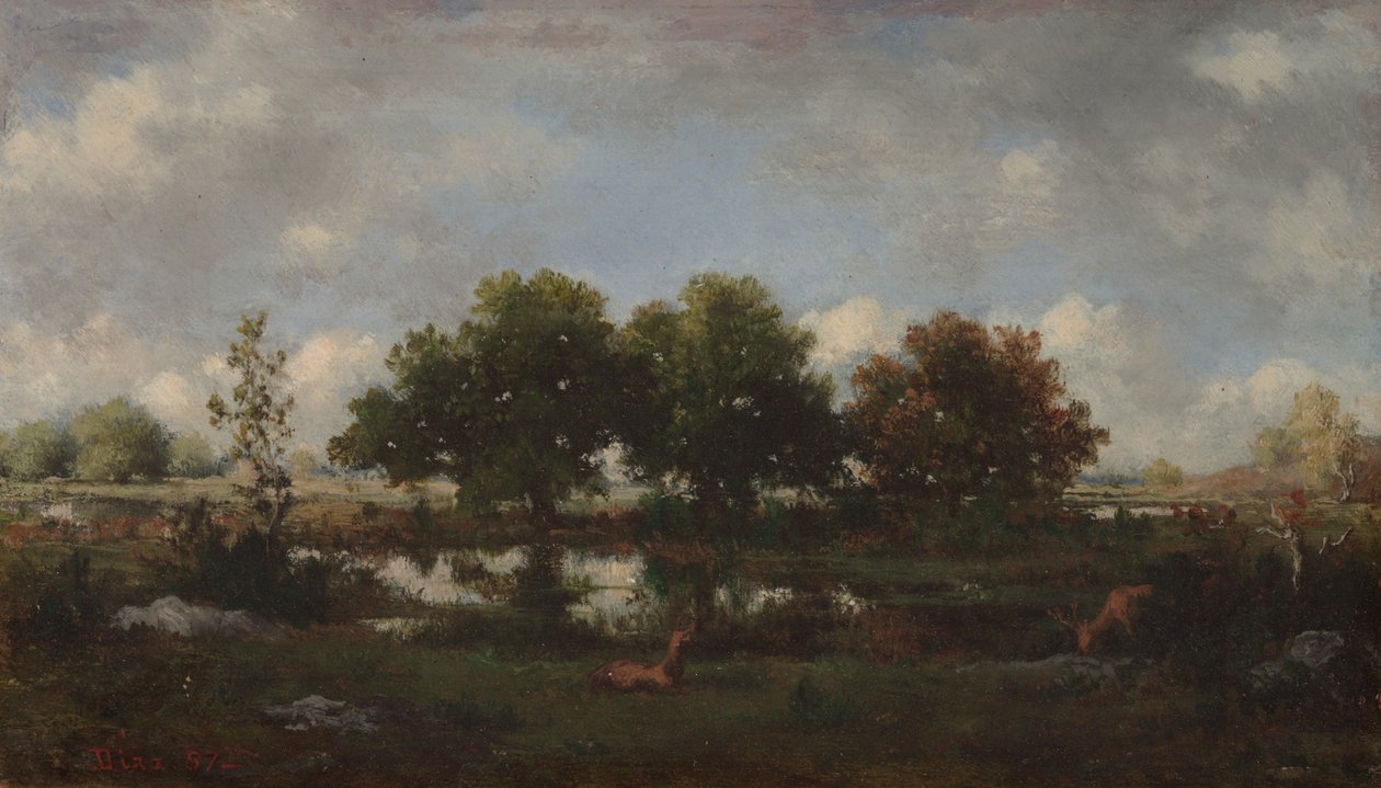 Boslandschap met herten door Narcisse Virgile Diaz de la Peña