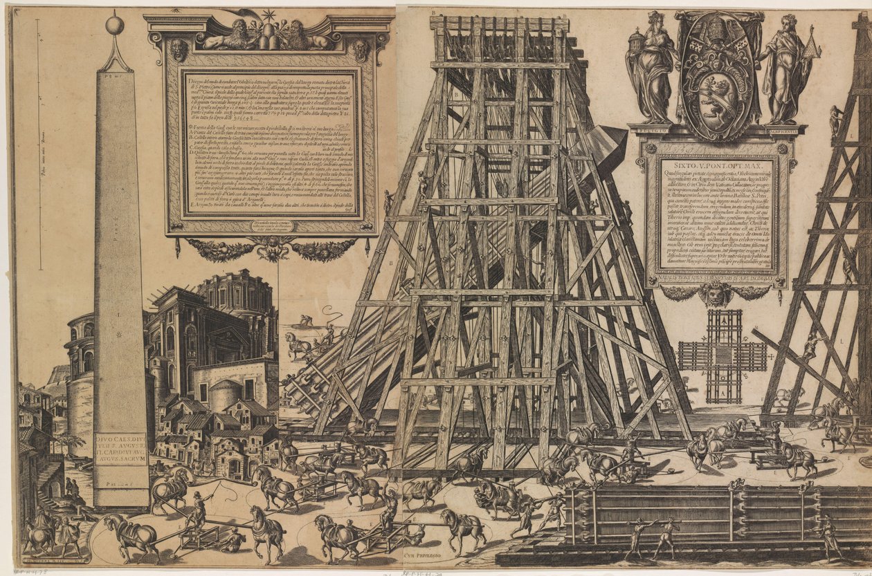 De oprichting van de obelisk op het St. Pietersplein door Natale Bonifazio da Sebenico