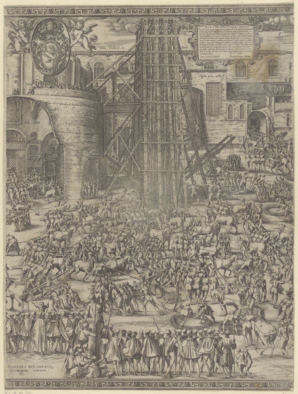 Het oprichten van de obelisk op het Sint Pieterplein door Natale Bonifazio da Sebenico